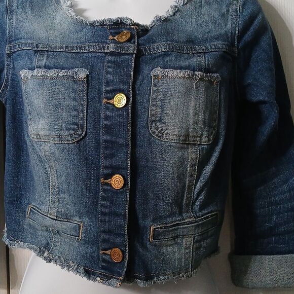 Princess Vera Wang cropped jean denim raw trim jacket Sz XS NWOT - Picture 2 of 8